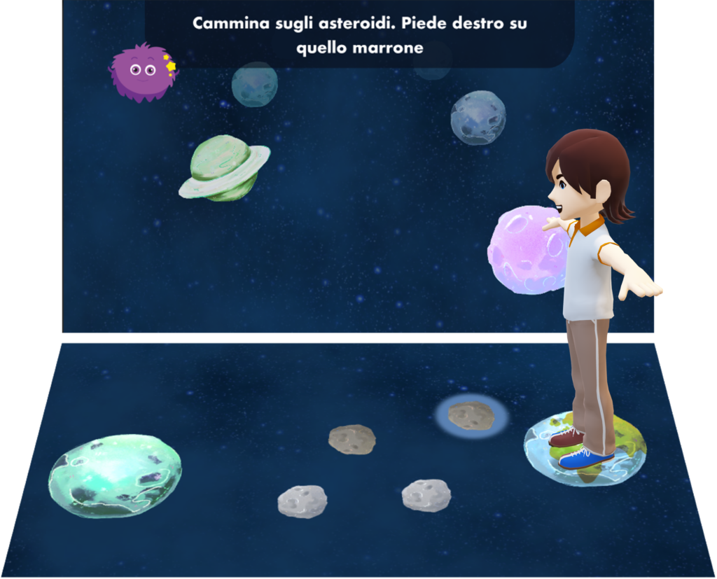 Exergame render. An avatar is moving in a 3d environment with two projections. On the floor two planets are connected with some asteroids. On the front screen, some other planets are displayed and Emi is suggesting the user the next move.