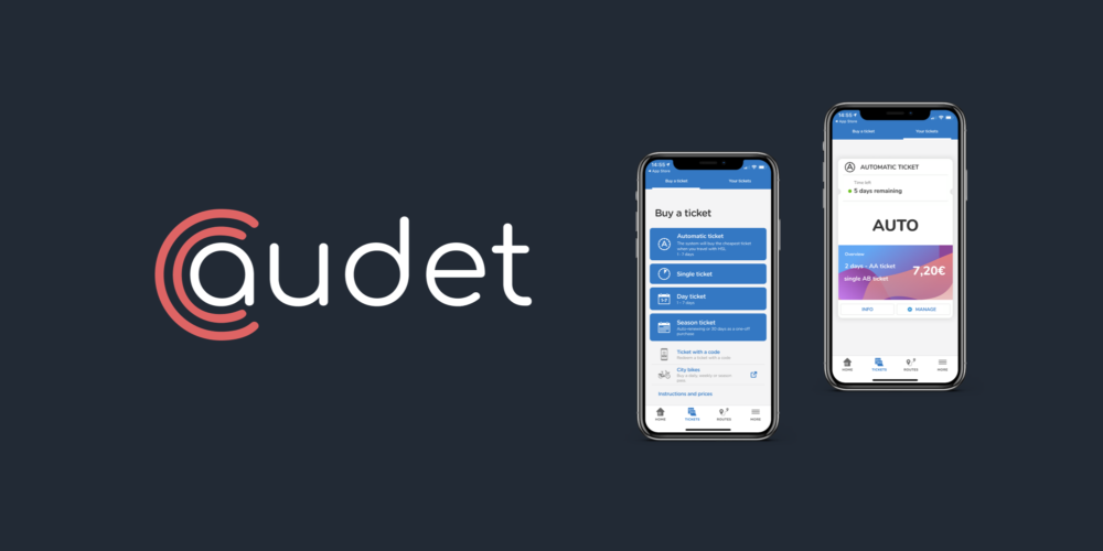 Audet logo and two smarphone pictures with the HSL app opened and the automatic ticketing feature enabled.