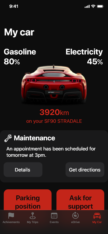 Ferrari app: my car screen. The overview of the car is visible. On the screen the user can find the level of gasoline, the battery status and the driven km. An alert informs the user that a maintenance appointment is scheduled for the next day at 3pm. He can choose to get details or the directions. Moreover the user can access the parking position and ask for support.