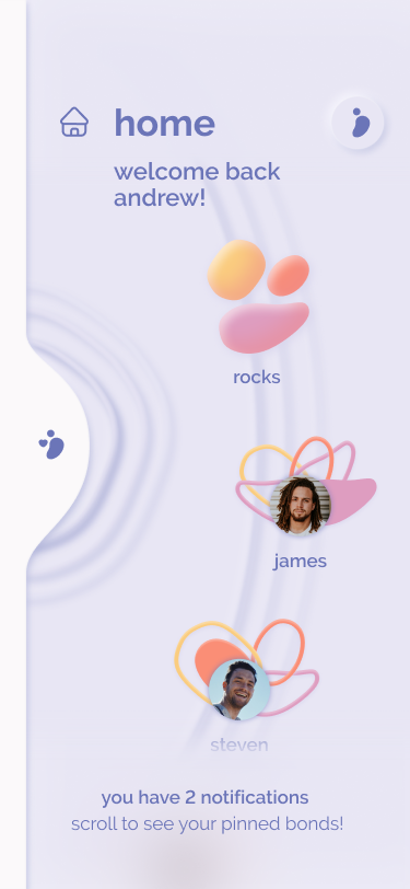 WeToca App: homepage. 2 notifications are visible. Both James and Steven have sent a touch message to Andrew. The rock status can be reached by tapping on the rocks at the top of the screen.