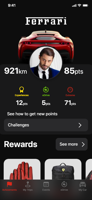 Ferrari app: home screen. The user is provided with an overview of his car experience. The km driven with the car are located near to the profile picture of the user. He got 85 points, 12 for Ferrarista experiences, 5 for eDrive mode, and 71 for extreme experiences. There is a button to access the challenges needed to get more points. Under this first section, a rewards one is present. The user can see the prizes he can afford with his points.