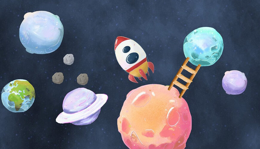 Exergame ui elements. Planets, asteroids, ladders, spaceships