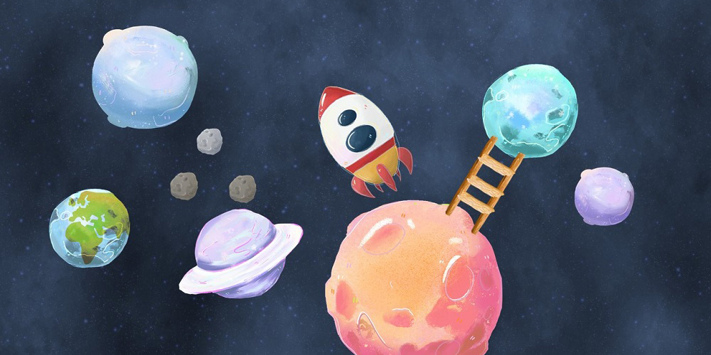 Exergame ui elements. Planets, asteroids, ladders, spaceships